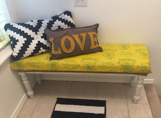 Yellow bench Tulip Slick fabric paint entryway